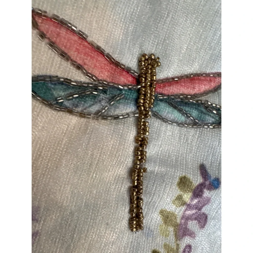 Floral Dragonfly Beaded Embroidered Table Runner Light Blue 14x72 Pink Piping